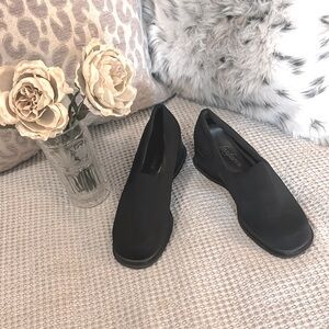 Fanfares Black Slip On Stretch Fabric 2” Wedge Chunky Joann Loafers Shoes Sz 7.5